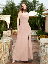 Square Neck Lace Bridesmaid Gown with Slit Pearl Pink