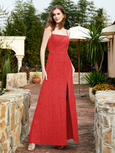 Square Neck Lace Bridesmaid Gown with Slit Red
