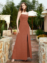 Square Neck Lace Bridesmaid Gown with Slit Rust