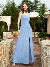 Square Neck Lace Bridesmaid Gown with Slit Sky Blue