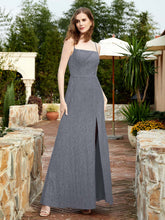 Square Neck Lace Bridesmaid Gown with Slit Steel Grey