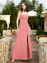 Square Neck Lace Bridesmaid Gown with Slit Sunset