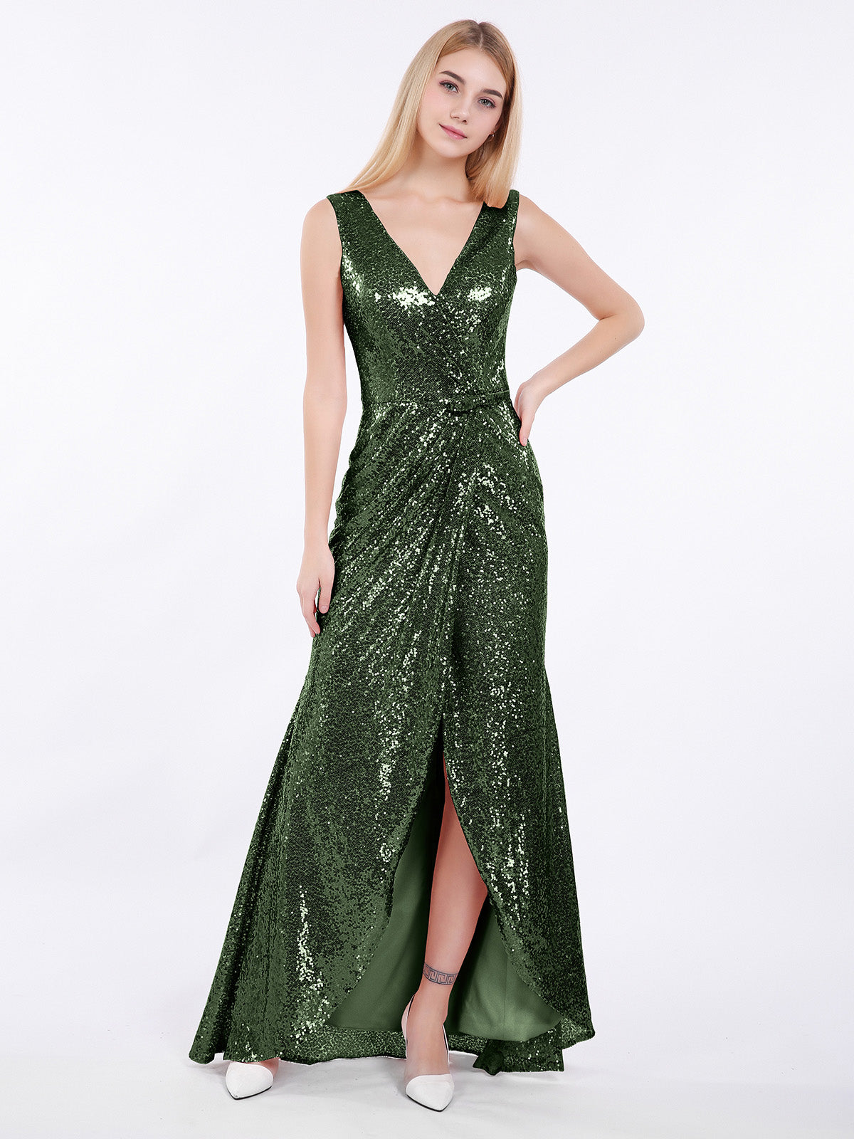 Sequines Beaded Long Sleeve A-line Long Girl Dress Olive Green