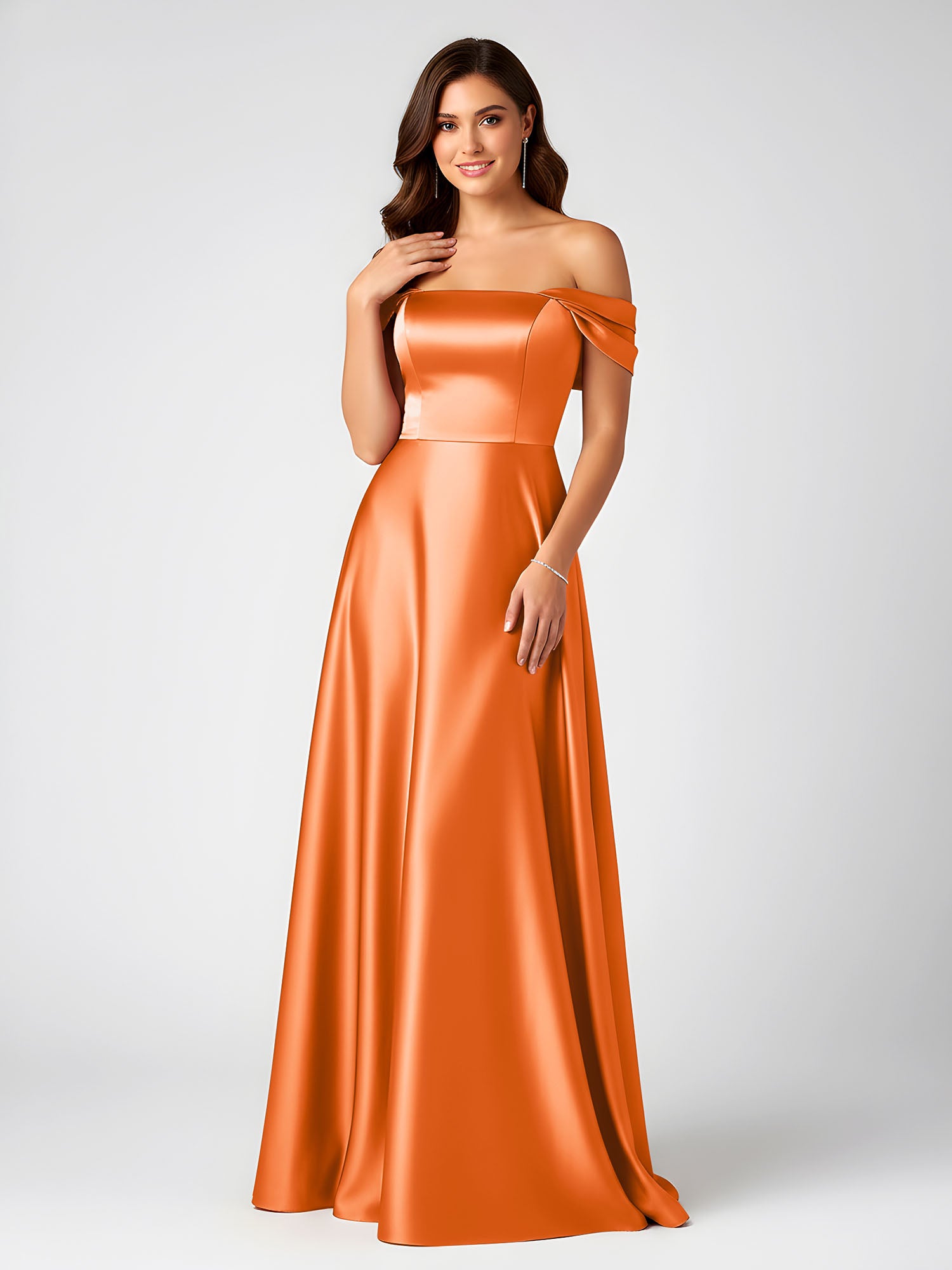BABARONI Satin Orange Bridesmaid Dresses Off-the-shoulder Floor-length