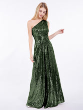 One Shoulder Long Sequins Gown Olive Green