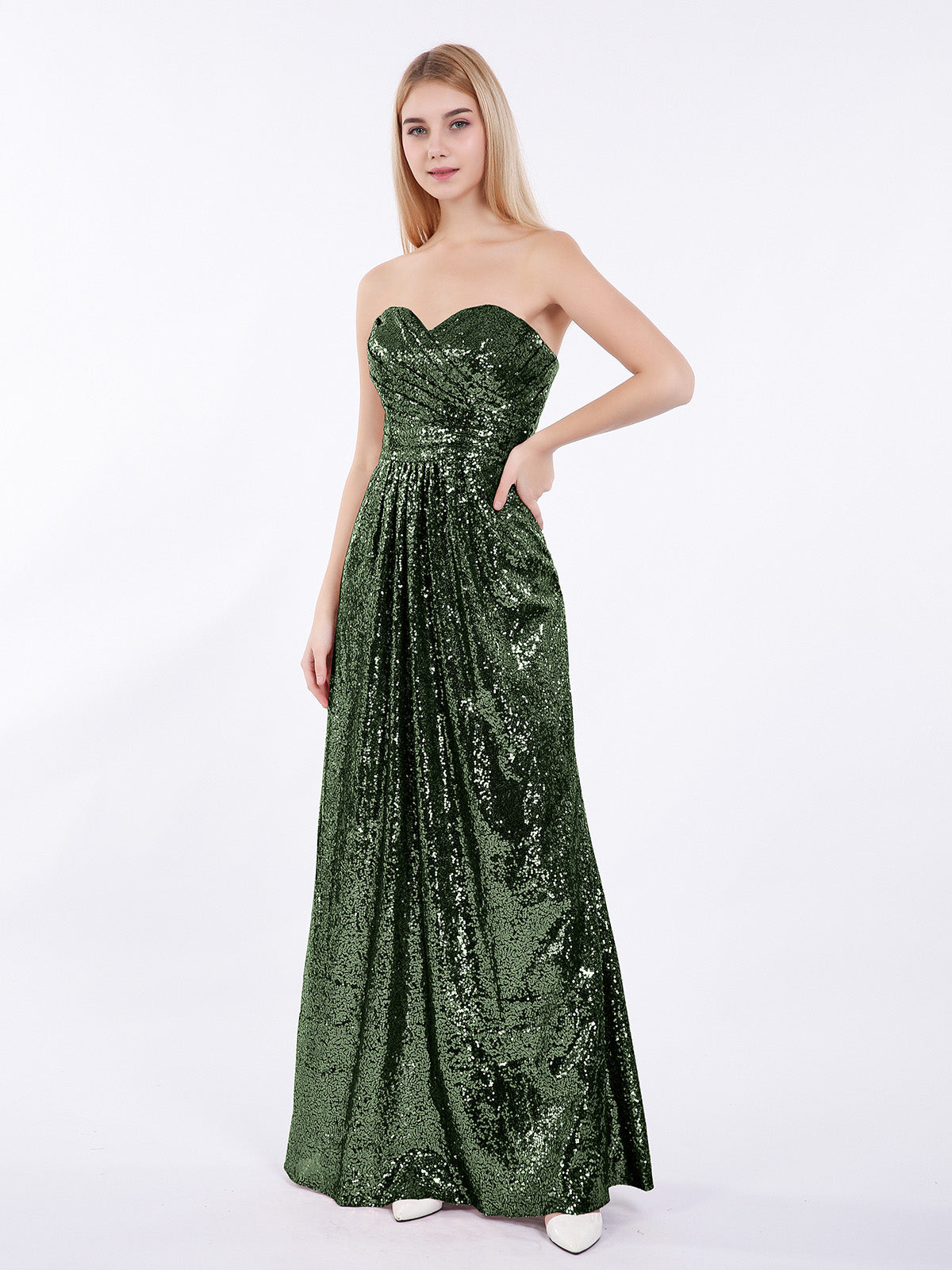 BABARONI Strapless Full Length Sequins Dress Olive Green Plus size, Olive Green / US18