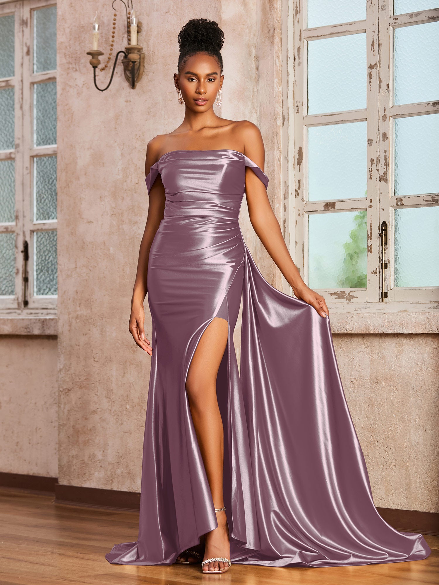 One-Shoulder Satin Dresses with Sweep Train Mist