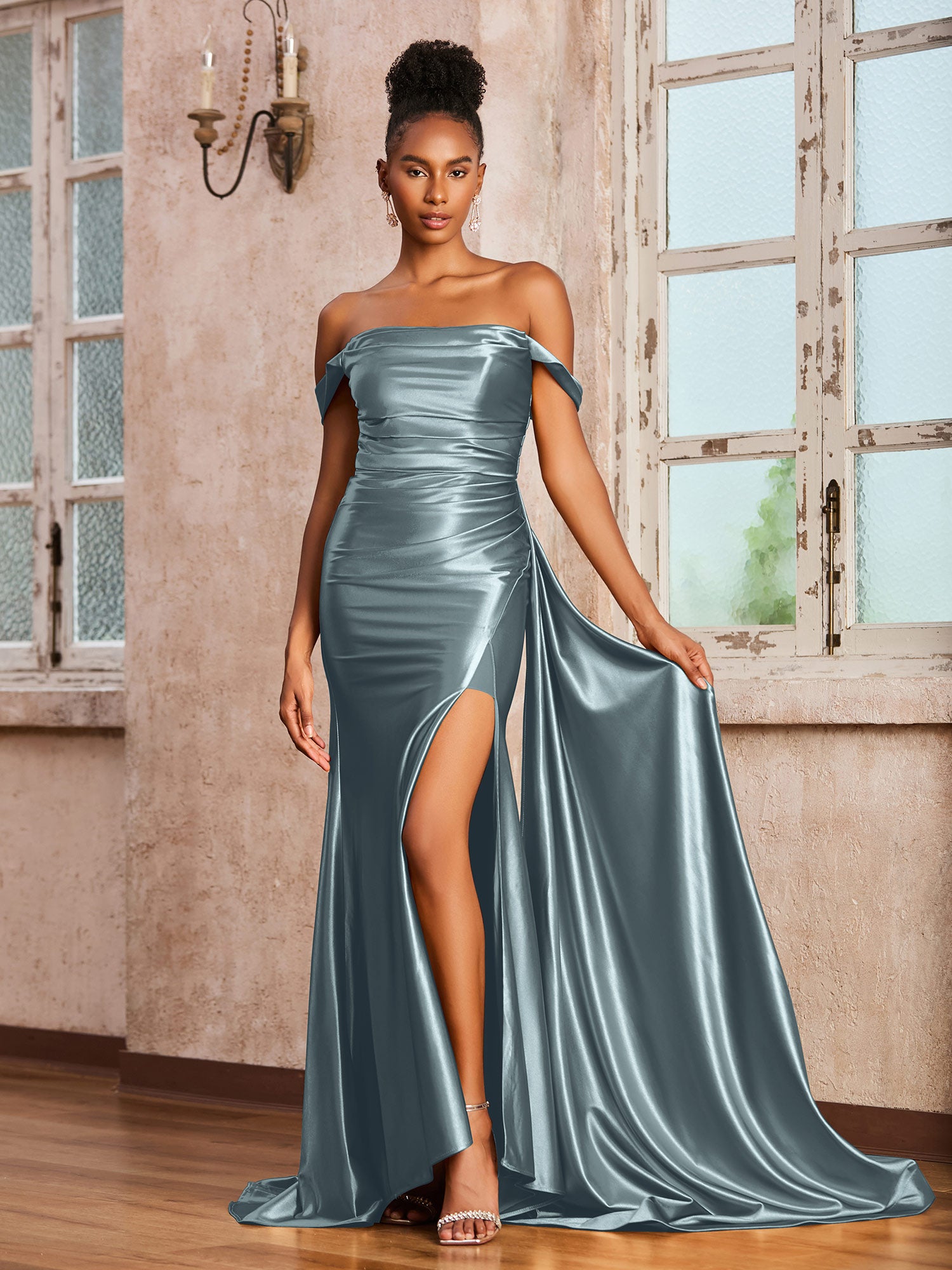 Off Shoulder Backless Satin Dress With Slit Dusty Blue main image 1