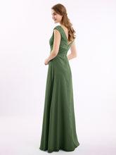 Cap Sleeves Chiffon and Lace Dress with V NECK Olive Green