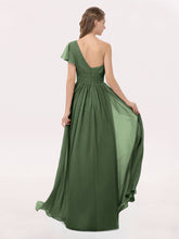 One Shoulder Flutter Sleeve Chiffon Gown Olive Green