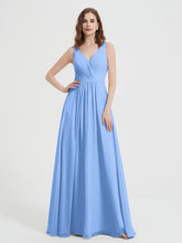 Open Back Chiffon Dresses with V neck Blue