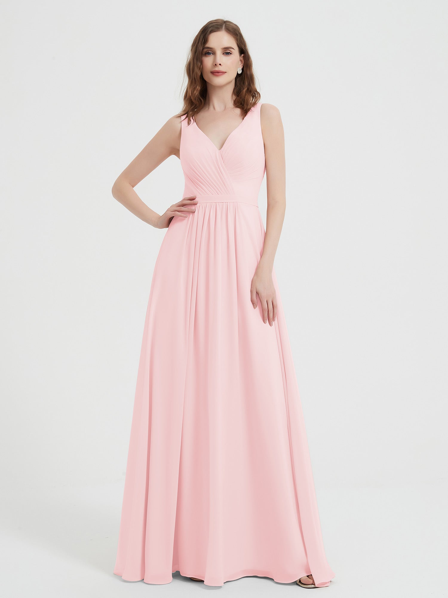A-line Chiffon Open Back Dress With V-Neck Blushing Pink