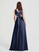 Open Back Chiffon Dresses with V neck Dark Navy