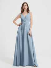Open Back Chiffon Dresses with V neck Dusty Blue