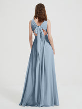 Open Back Chiffon Dresses with V neck Dusty Blue