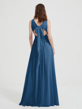 Open Back Chiffon Dresses with V neck Ink Blue