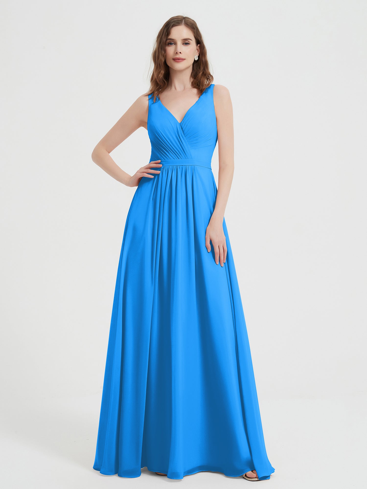 BABARONI Chiffon Ocean Blue Bridesmaid Dresses V-neck Floor-length