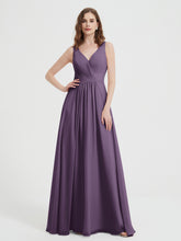Open Back Chiffon Dresses with V neck Plum