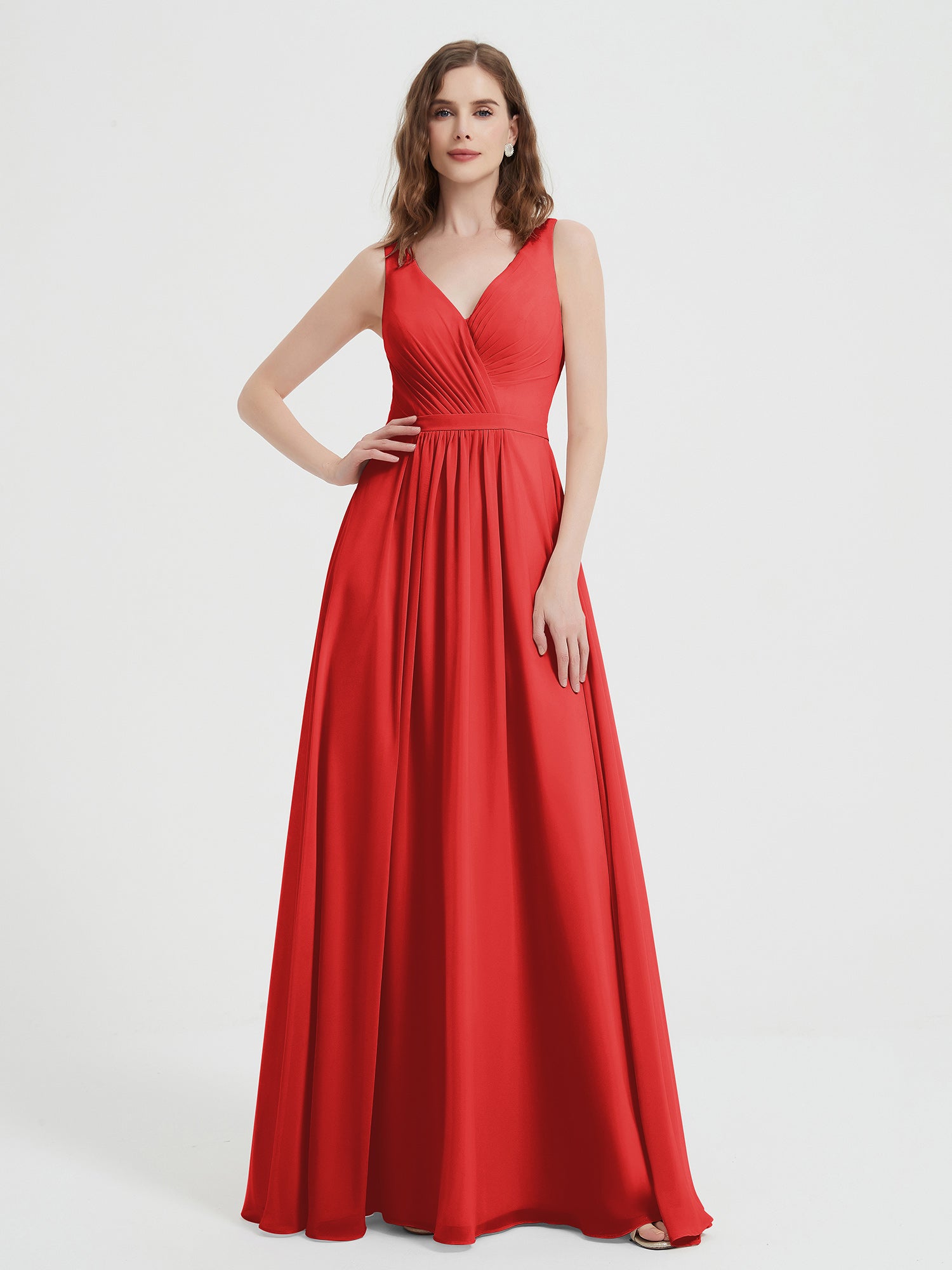 BABARONI Open Back Chiffon Dresses with V Neck Red, Red / US0