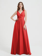 Open Back Chiffon Dresses with V neck Red