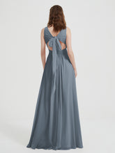 Open Back Chiffon Dresses with V neck Slate Blue