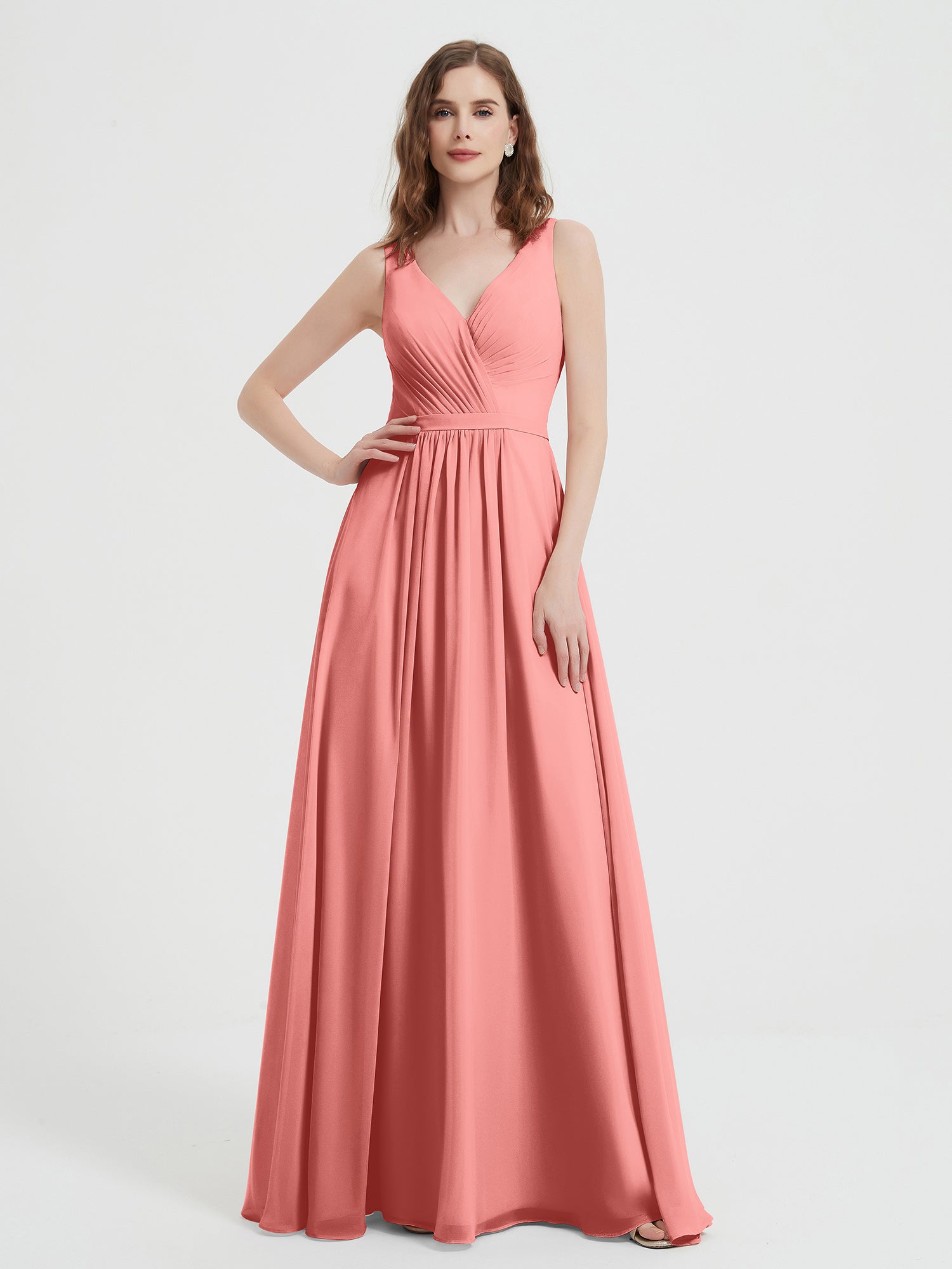 Open Back Chiffon Long Dresses with V-neck Tangerine Plus Size