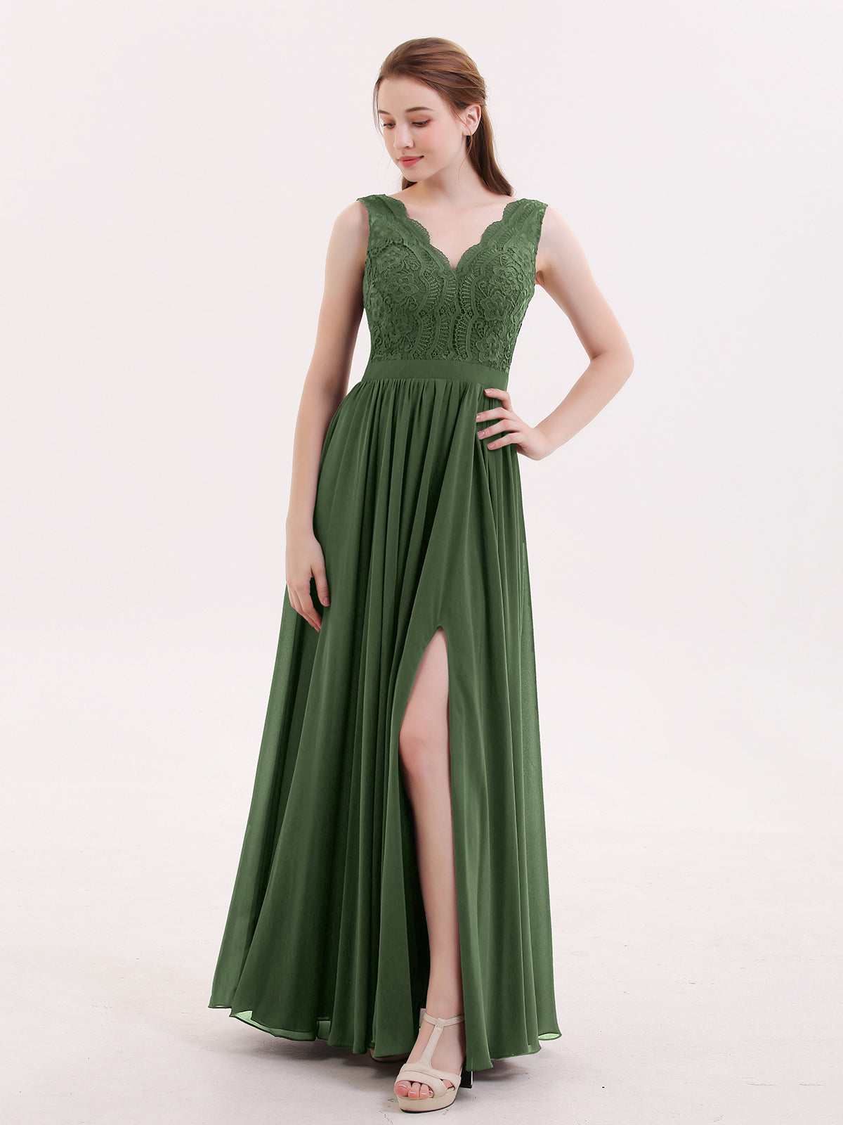BABARONI Lace and Chiffon Sexy Dress with Slit Olive Green Plus Size, Olive Green / US18 BABARONI Lace and Chiffon Sexy Dress with Slit Olive Green Plus Size, Olive Green / US18