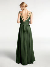 Chiffon Long Bridesmaid Dress with Double Strap Olive Green