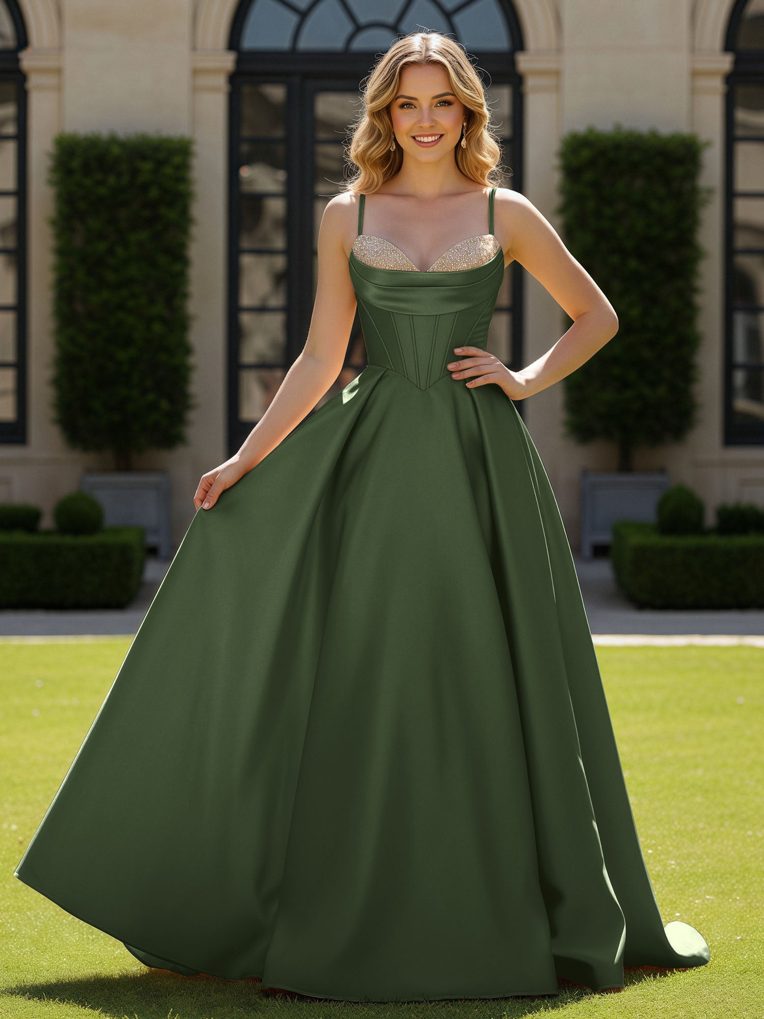 BABARONI Satin Olive Green Prom Dresses A-line Sweetheart Beaded Sweep