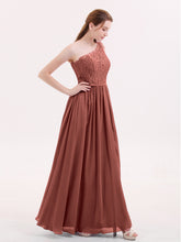 One Shoulder Chiffon And Lace Dress with Slit Terracotta