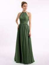Long Halter Chiffon Dresses with Open Back Olive Green