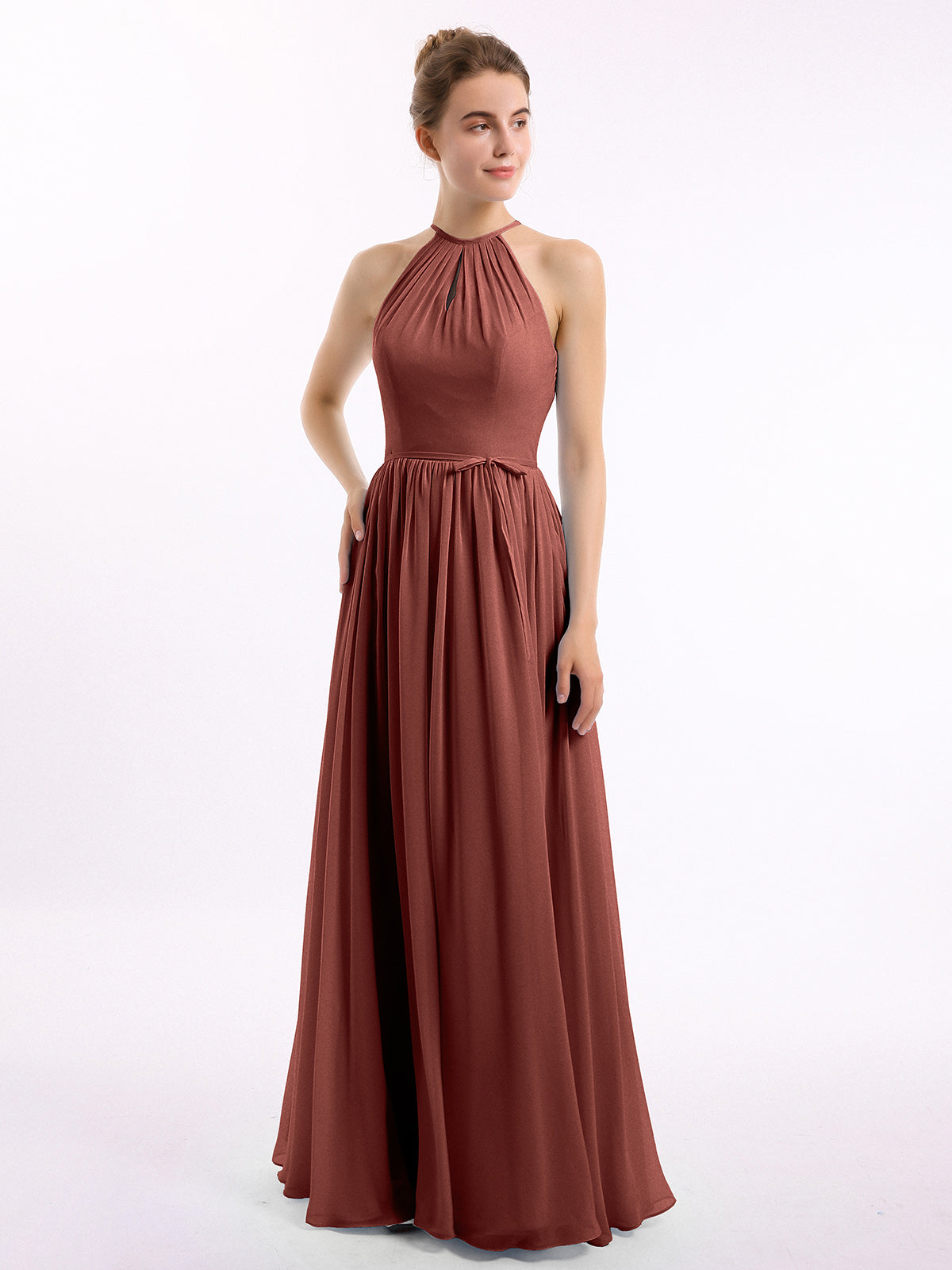 BABARONI Chiffon Terracotta Bridesmaid Dresses Halter Floor-length