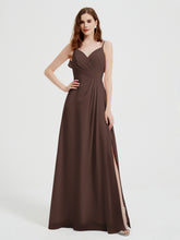 Spaghetti Straps V neck Dresses with Slit Chocolate