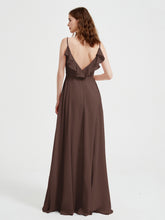 Spaghetti Straps V neck Dresses with Slit Chocolate