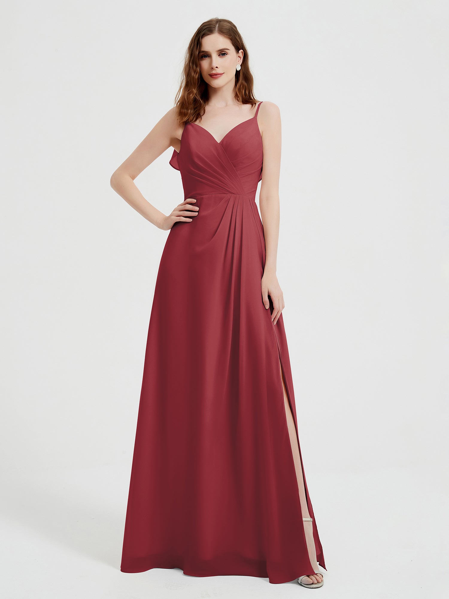 V-neck Ruched Spaghetti Straps Dress with Slit Dusty Rose