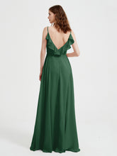 Spaghetti Straps V neck Dresses with Slit Dark Green