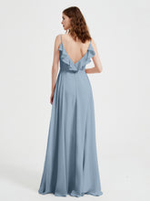 Spaghetti Straps V neck Dresses with Slit Dusty Blue