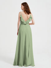 Spaghetti Straps V neck Dresses with Slit Dusty Sage