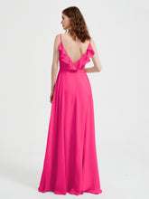 Spaghetti Straps V neck Dresses with Slit Fuchsia Plus Size