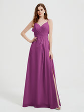 Spaghetti Straps V neck Dresses with Slit Orchid
