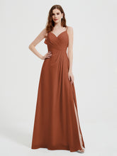 Spaghetti Straps V neck Dresses with Slit Rust