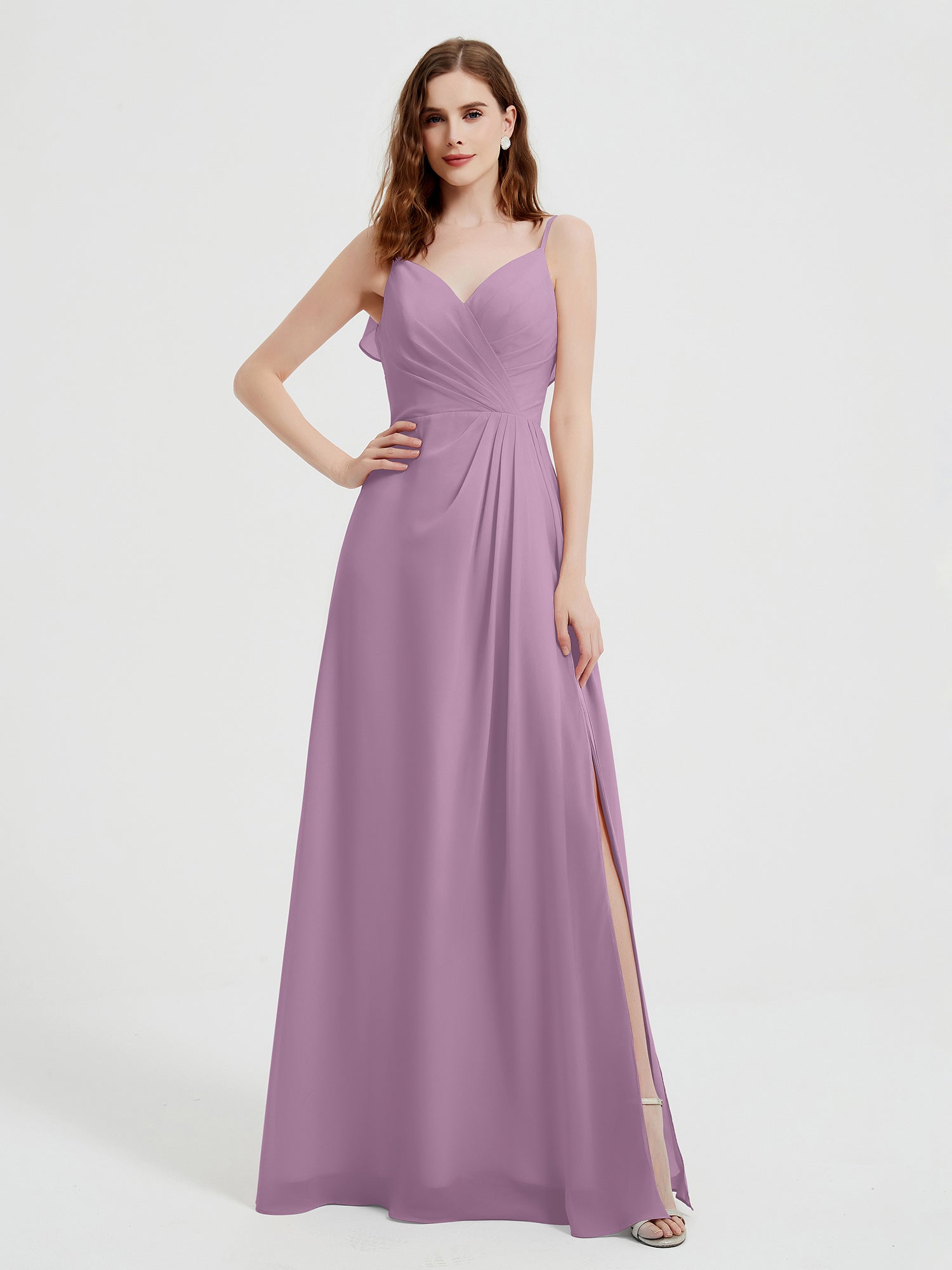 Spaghetti Straps V-neck Ruched Chiffon Dress Wisteria Plus Size