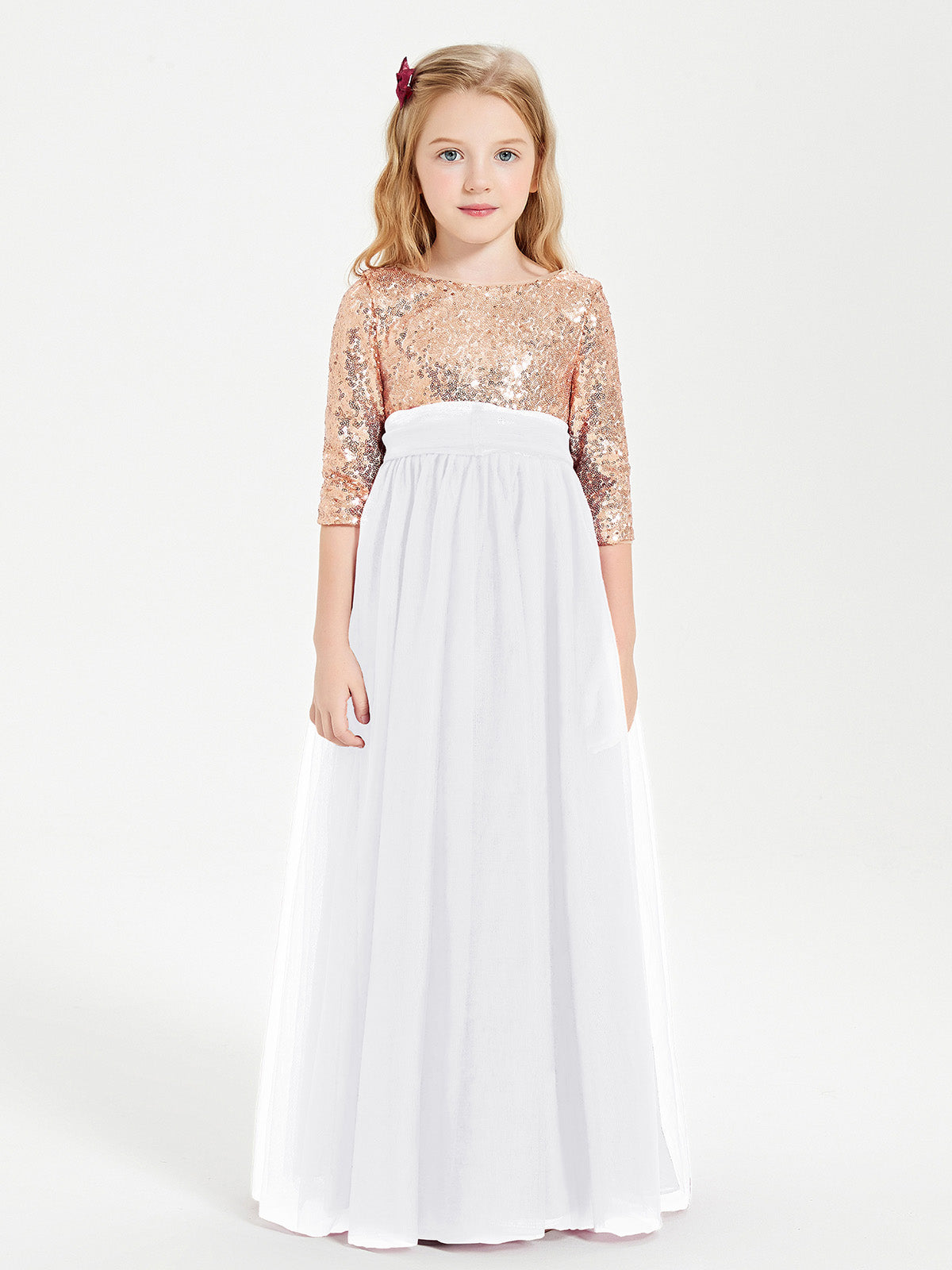 BABARONI Tulle White Junior Bridesmaid Dresses A-line Scoop 3/4 Sleeve