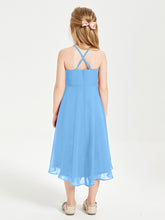 Trendy Tea Length Junior Bridesmaid Dresses Asymmetrical Skirt Blue