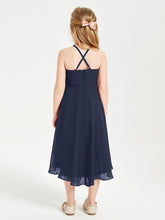 Trendy Tea Length Junior Bridesmaid Dresses Asymmetrical Skirt Dark Navy