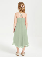Trendy Tea Length Junior Bridesmaid Dresses Asymmetrical Skirt Dusty Sage