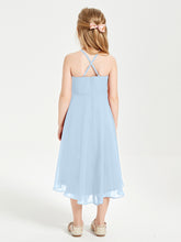 Trendy Tea Length Junior Bridesmaid Dresses Asymmetrical Skirt Sky Blue