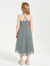 Trendy Tea Length Junior Bridesmaid Dresses Asymmetrical Skirt Steel Grey