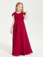 Delicate Chiffon Junior Bridesmaid Gown Flutter Sleeves V-neck Burgundy