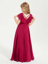 Delicate Chiffon Junior Bridesmaid Gown Flutter Sleeves V-neck Burgundy